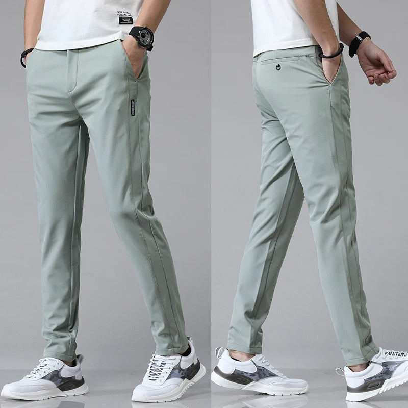 Green Men's Stretch Slim Straight Casual Pants – Detail View | Atlantis