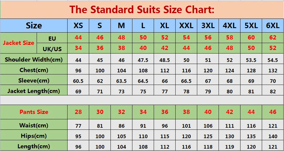 Standard suits size chart with jacket and pants measurements in centimeters and inches.