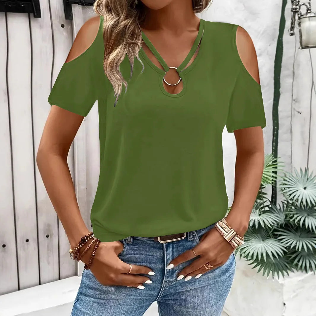 Army Green Women's V-Neck Hollow Out Off-Shoulder Blouse – Short Sleeve Summer Top | Atlantis