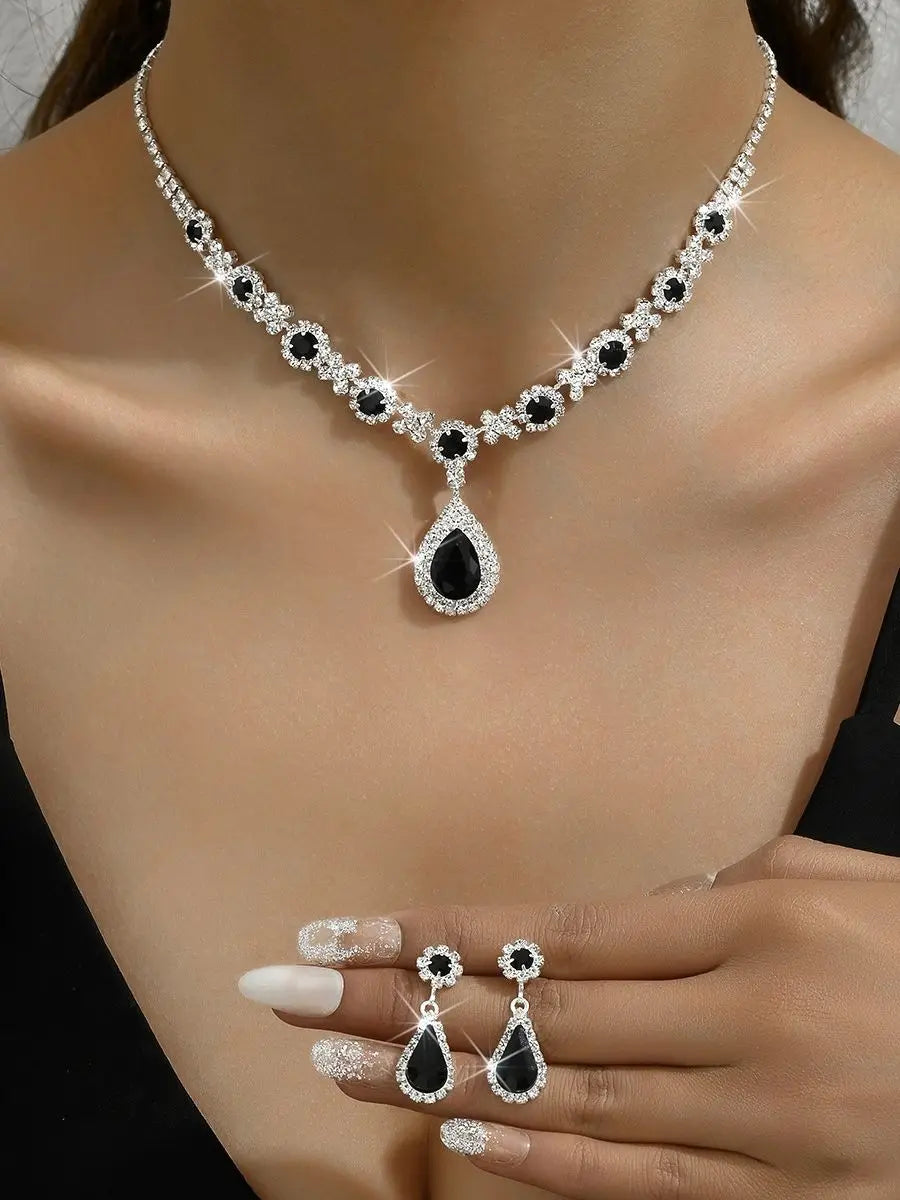 Women's 3-Piece Crystal Droplet Necklace & Earrings Set – Elegant Wedding Jewelry