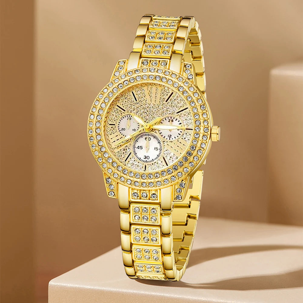 Gold wristwatch with diamond accents on a beige background