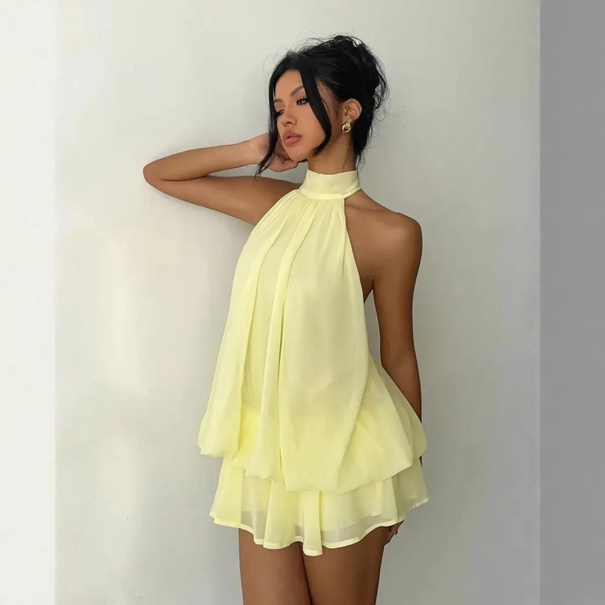 Halter Neck Backless Tie-Front Mini Dress – Chiffon Y2K Party Dress