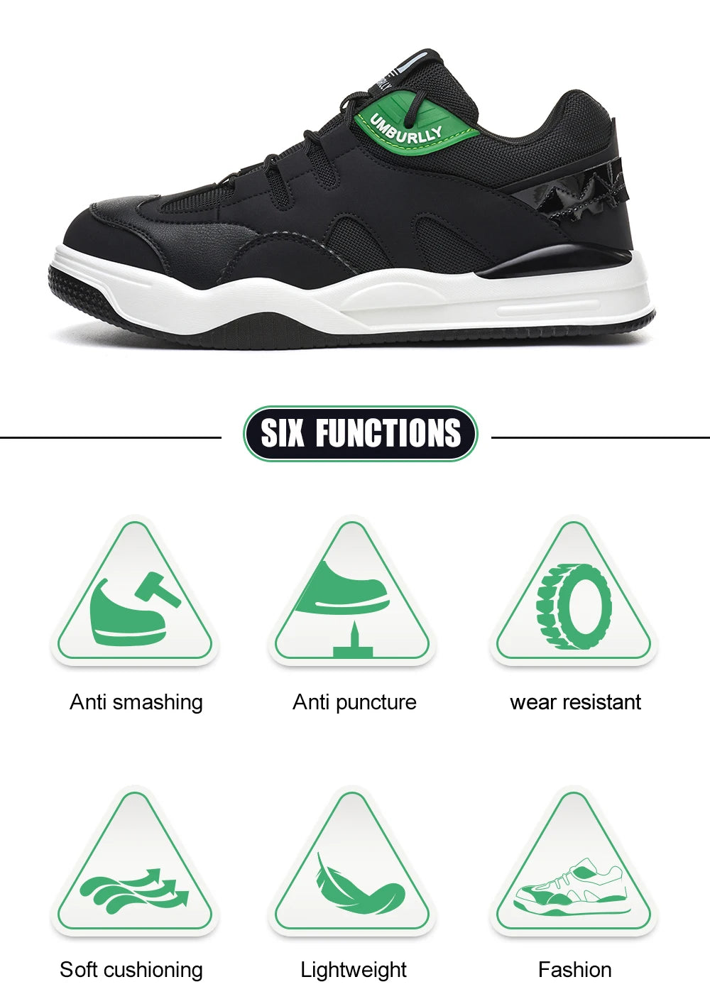 Black and White sneaker with Green accents on a White background, featuring six functions of the shoe.