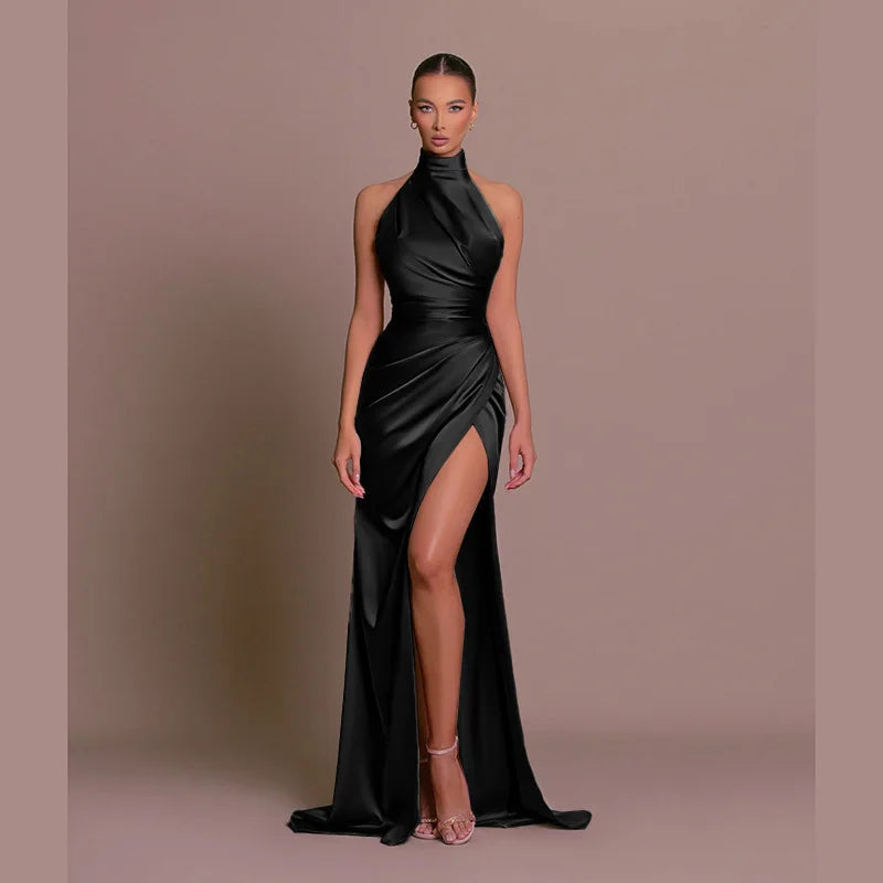 Women's Satin Halter Maxi Dress with High Slit