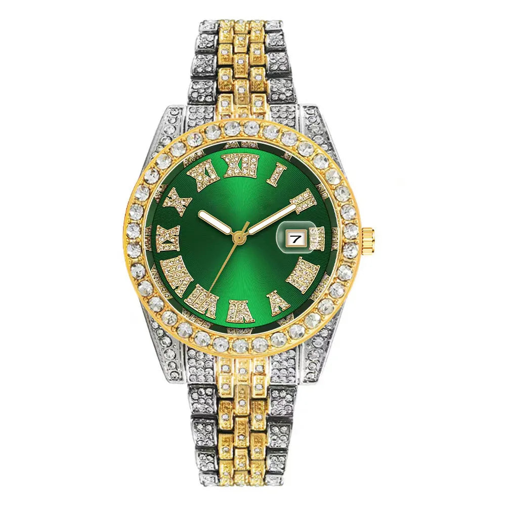 Iced Out Rhinestone Calendar Watch for Men — Gold & Silver Two-Tone