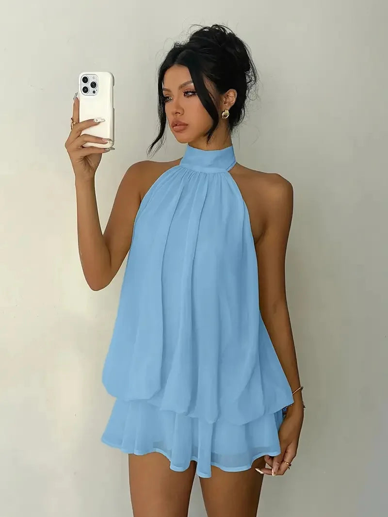 Halter Neck Backless Tie-Front Mini Dress – Chiffon Y2K Party Dress