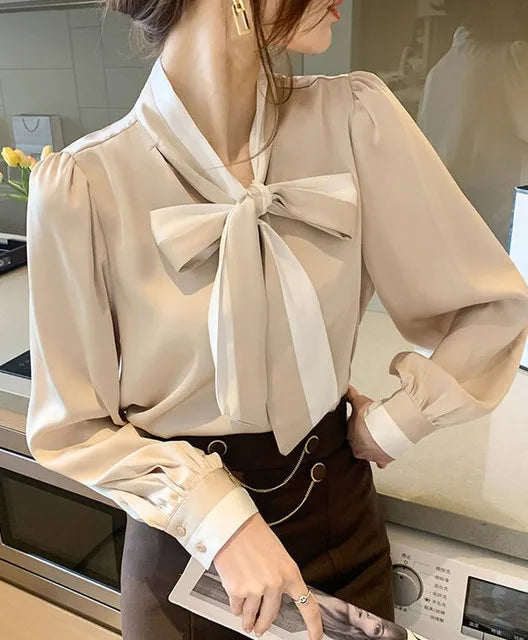 Women's Elegant Bow Blouse – Chic Office & Casual Long Sleeve Top
