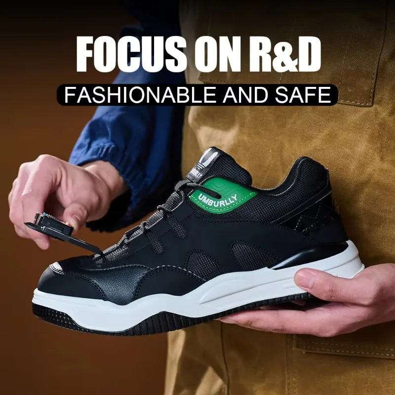 Black and White sneaker with Green label held by a person, against a Brown background.