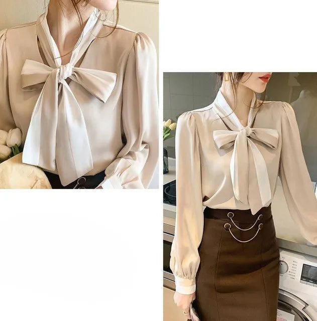Women's Elegant Bow Blouse – Chic Office & Casual Long Sleeve Top
