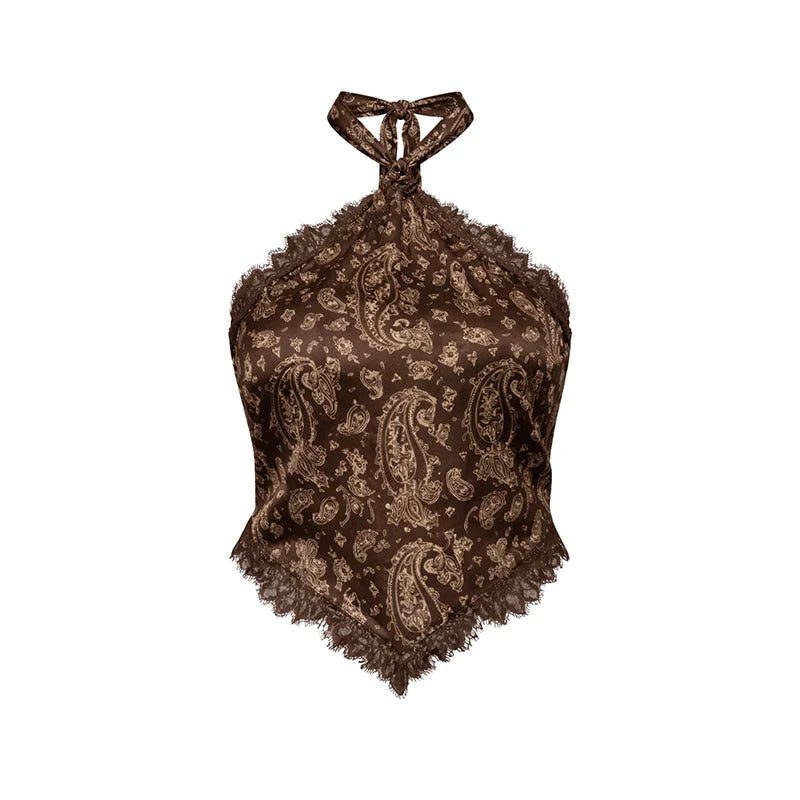 Lace Print Halter Backless Two-Piece Shorts Set – Summer Beach Suit
