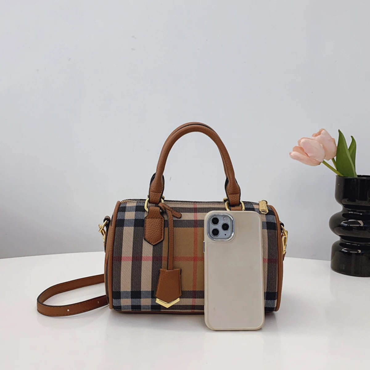 Classic Stripe Plaid Barrel Bag | Large Capacity Crossbody Tote