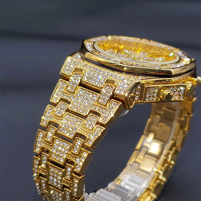 Men's Iced Diamond Gold Quartz Watch — Luxury Calendar Wristwatch
