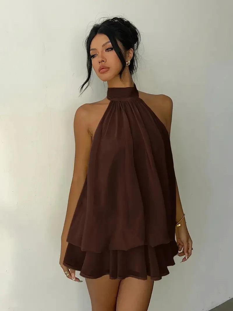 Halter Neck Backless Tie-Front Mini Dress – Chiffon Y2K Party Dress