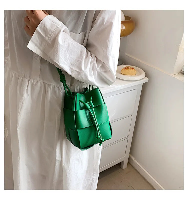 Women's Woven PU Leather Bucket Bag – Small Luxury Designer Handbag