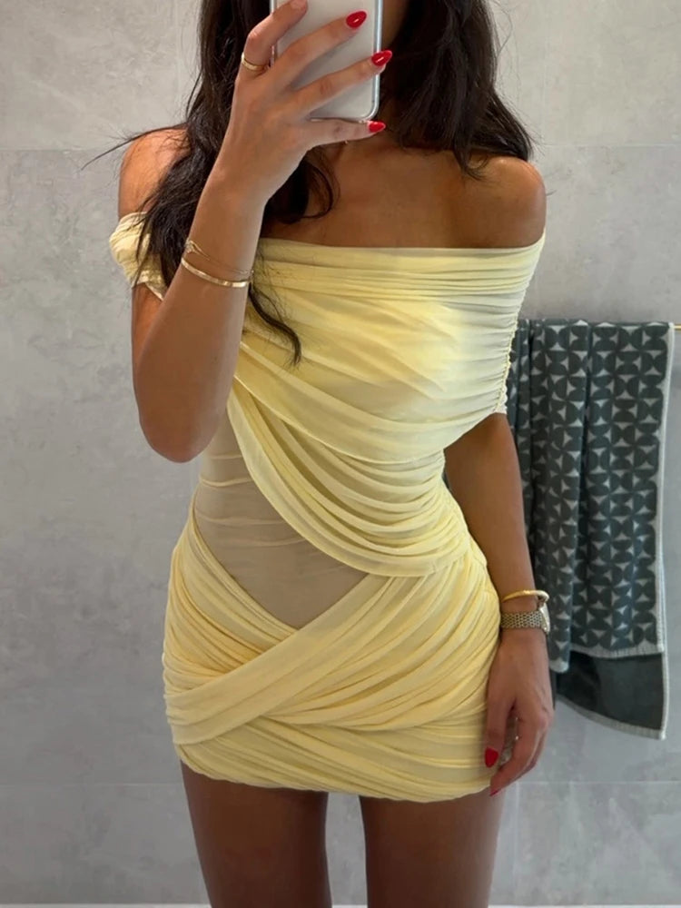 Women's Patchwork Mesh Slash Neck Mini Bodycon Dress