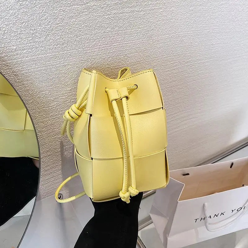 Women's Woven PU Leather Bucket Bag – Small Luxury Designer Handbag