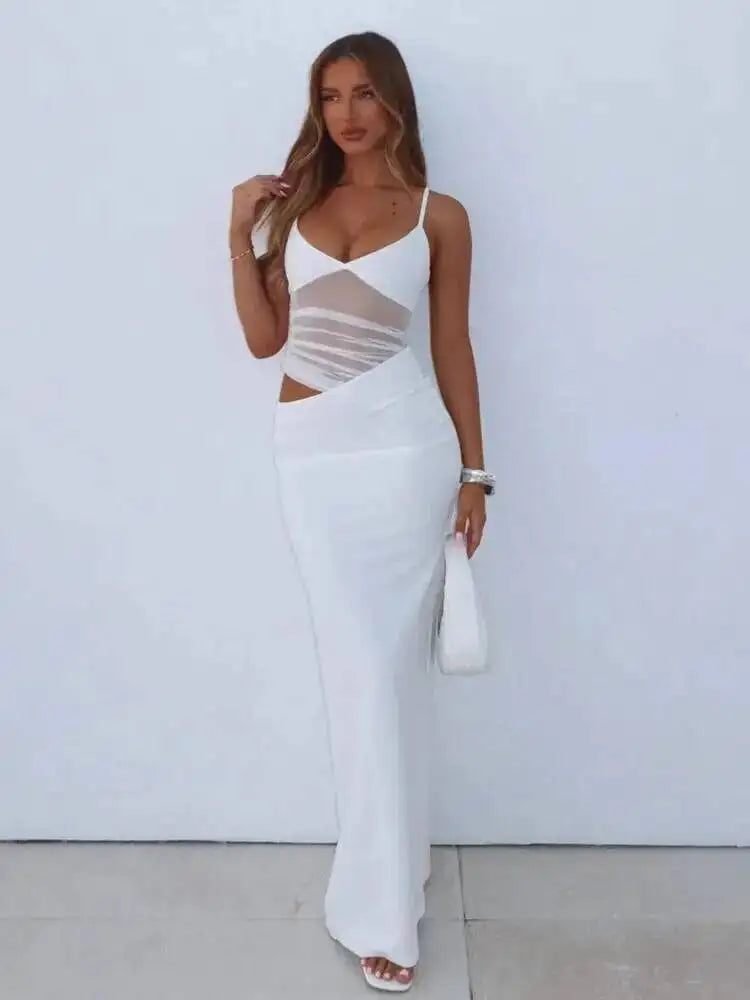 Mesh Splicing Backless Maxi Dress – Spaghetti Strap Summer Dress