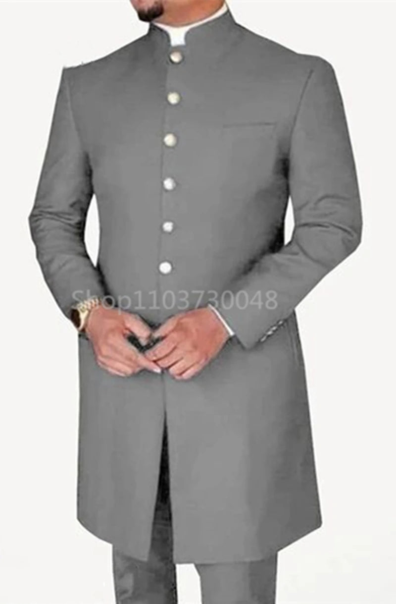 Gray traditional coat with White buttons on a plain background