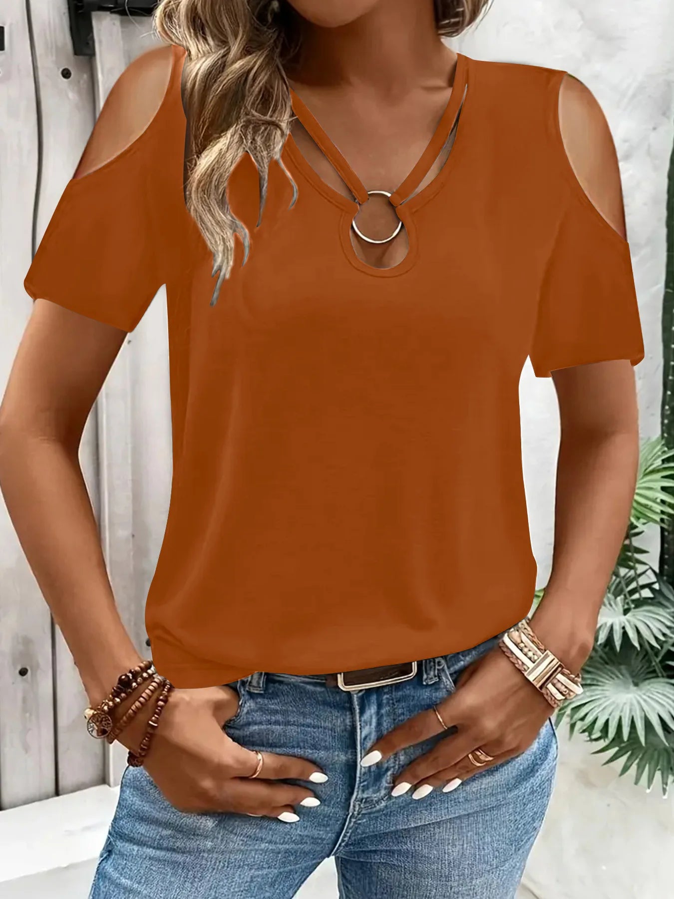 Light Brown Women's V-Neck Hollow Out Off-Shoulder Blouse – Short Sleeve Summer Top | Atlantis