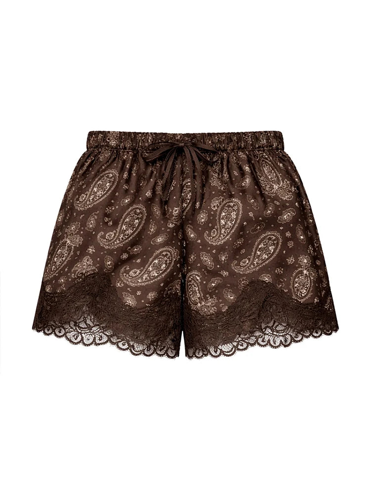 Lace Print Halter Backless Two-Piece Shorts Set – Summer Beach Suit