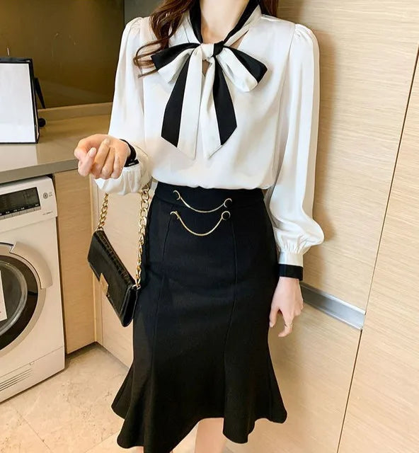 Women's Elegant Bow Blouse – Chic Office & Casual Long Sleeve Top