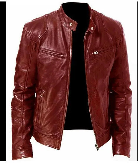 Atlantis Men's PU Leather Bomber Jacket in Burgundy — Front View
