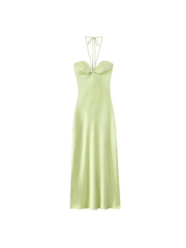 Satin Halter Neck Lace-Up Backless Midi Dress – Slim Fit Party Dress