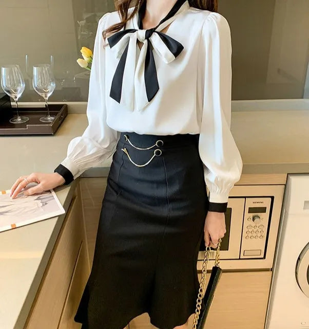 Women's Elegant Bow Blouse – Chic Office & Casual Long Sleeve Top