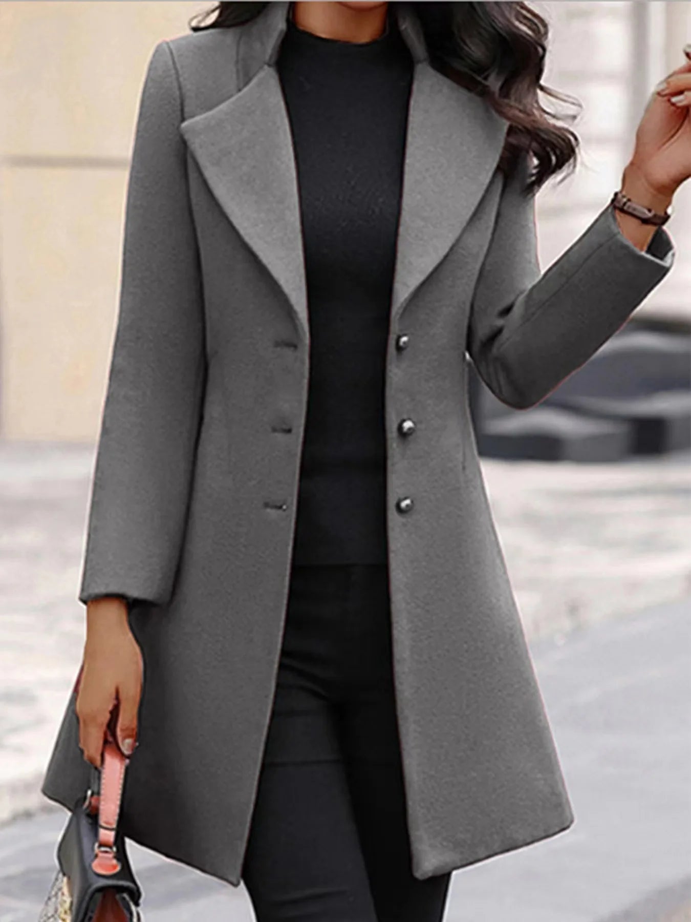 Women's Slim Fit Single-Breasted Wool Coat – Mid-Length Turn-Down Collar Outerwear