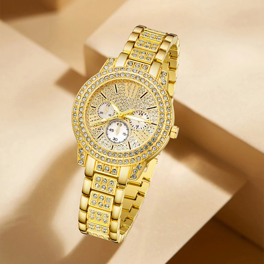 Gold wristwatch with diamond accents on a beige background