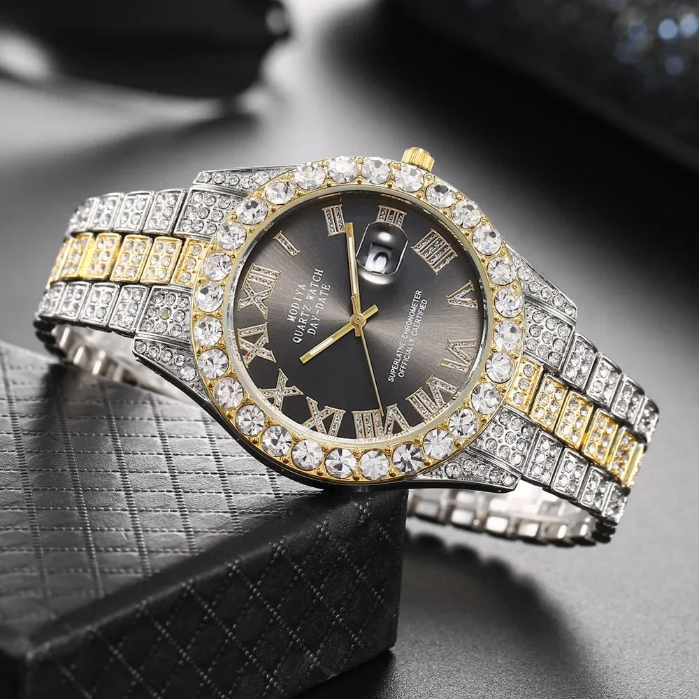 Men's Rhinestone Quartz Watch With Calendar Display
