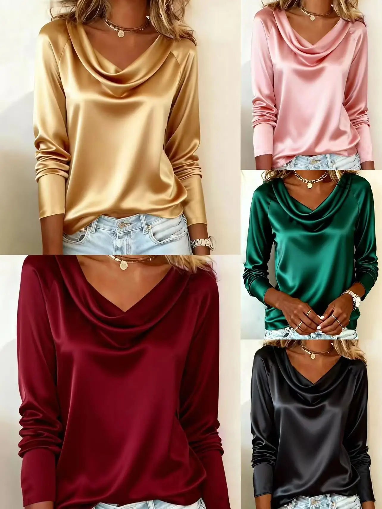 Women's Luxurious Silk-Like Draping Long Sleeve Top – Elegant Satin Blouse