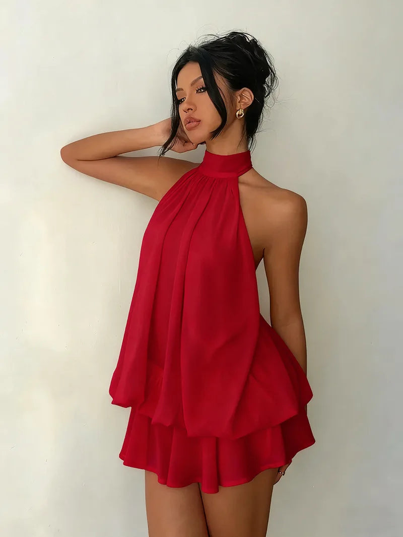Halter Neck Backless Tie-Front Mini Dress – Chiffon Y2K Party Dress