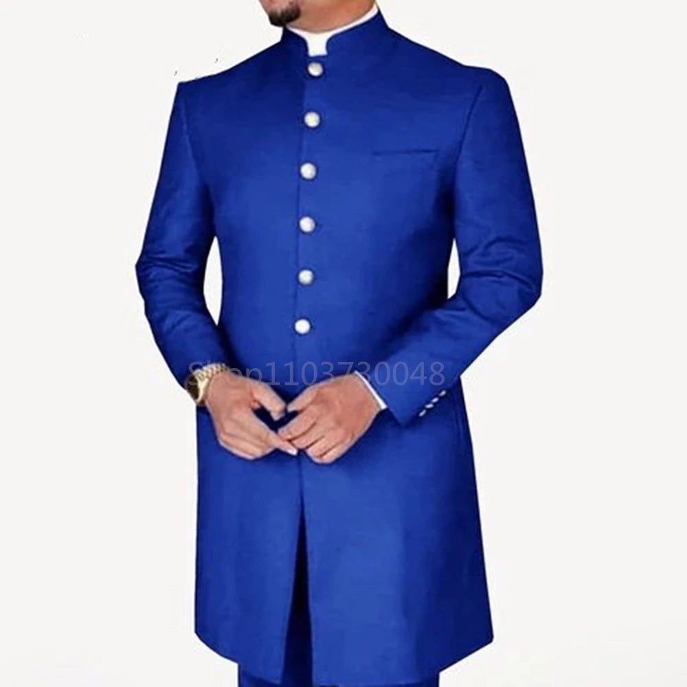 Blue traditional outfit with White buttons on a light Gray background