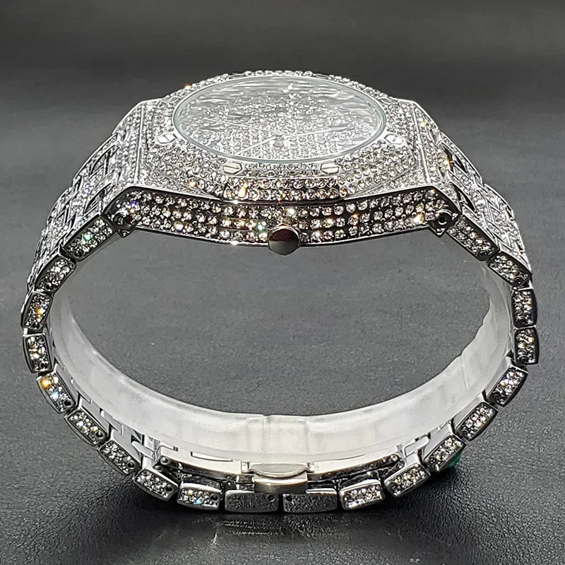 Fully Iced Diamond-Set Men's Watch — Octagonal Case, Arabic Numerals