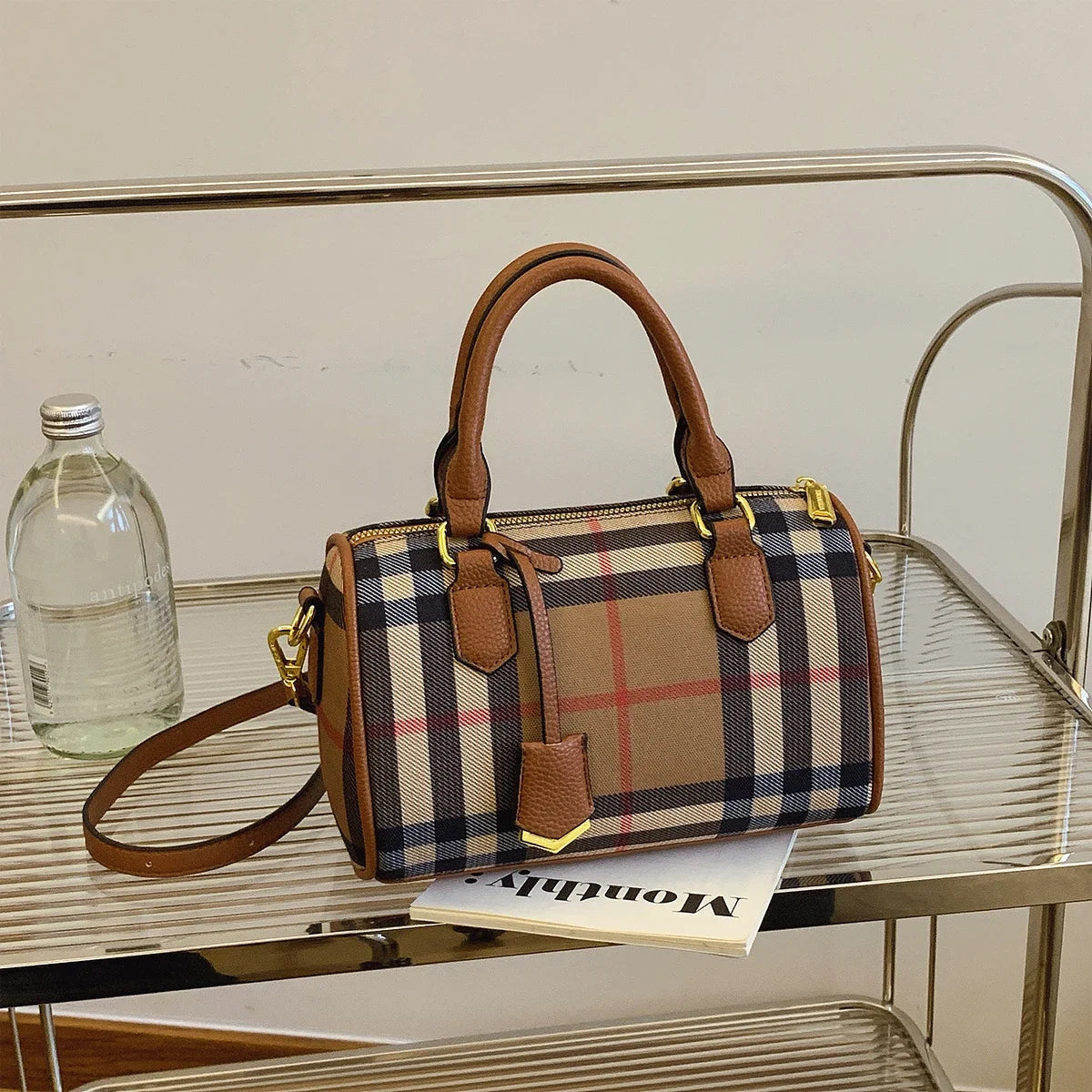 Classic Stripe Plaid Barrel Bag | Large Capacity Crossbody Tote