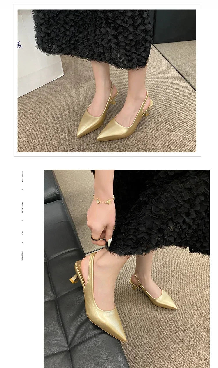 Gold pointed-toe shoes worn with a Black textuRed skirt on a neutral background.