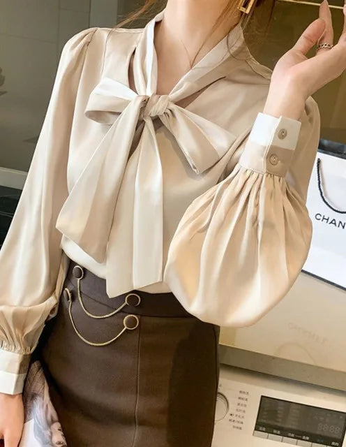 Women's Elegant Bow Blouse – Chic Office & Casual Long Sleeve Top