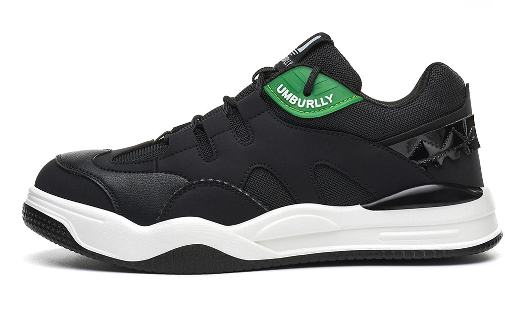 Black sneaker with White sole and Green label on a White background