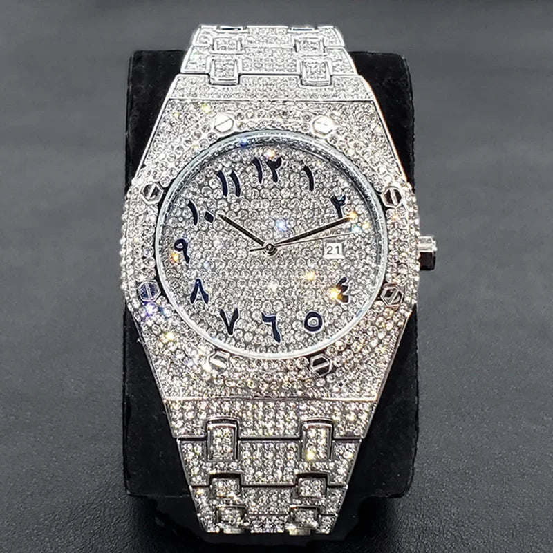 Fully Iced Diamond-Set Men's Watch — Octagonal Case, Arabic Numerals