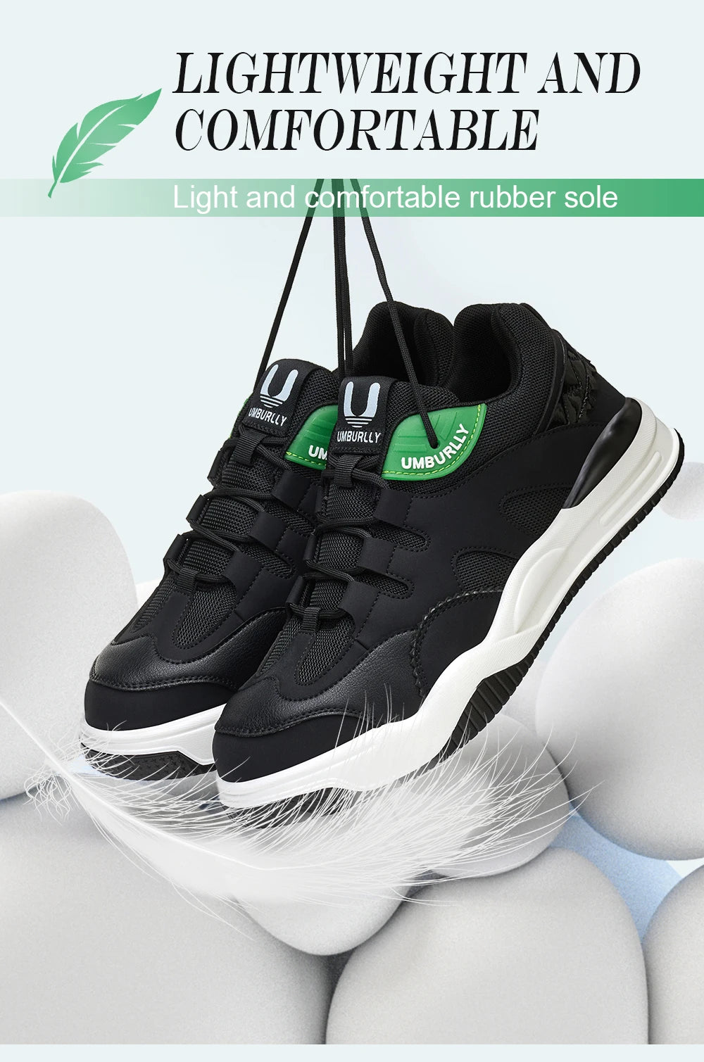 Black sneakers with Green accents on a White background, featuring text about lightweight and comfortable design.