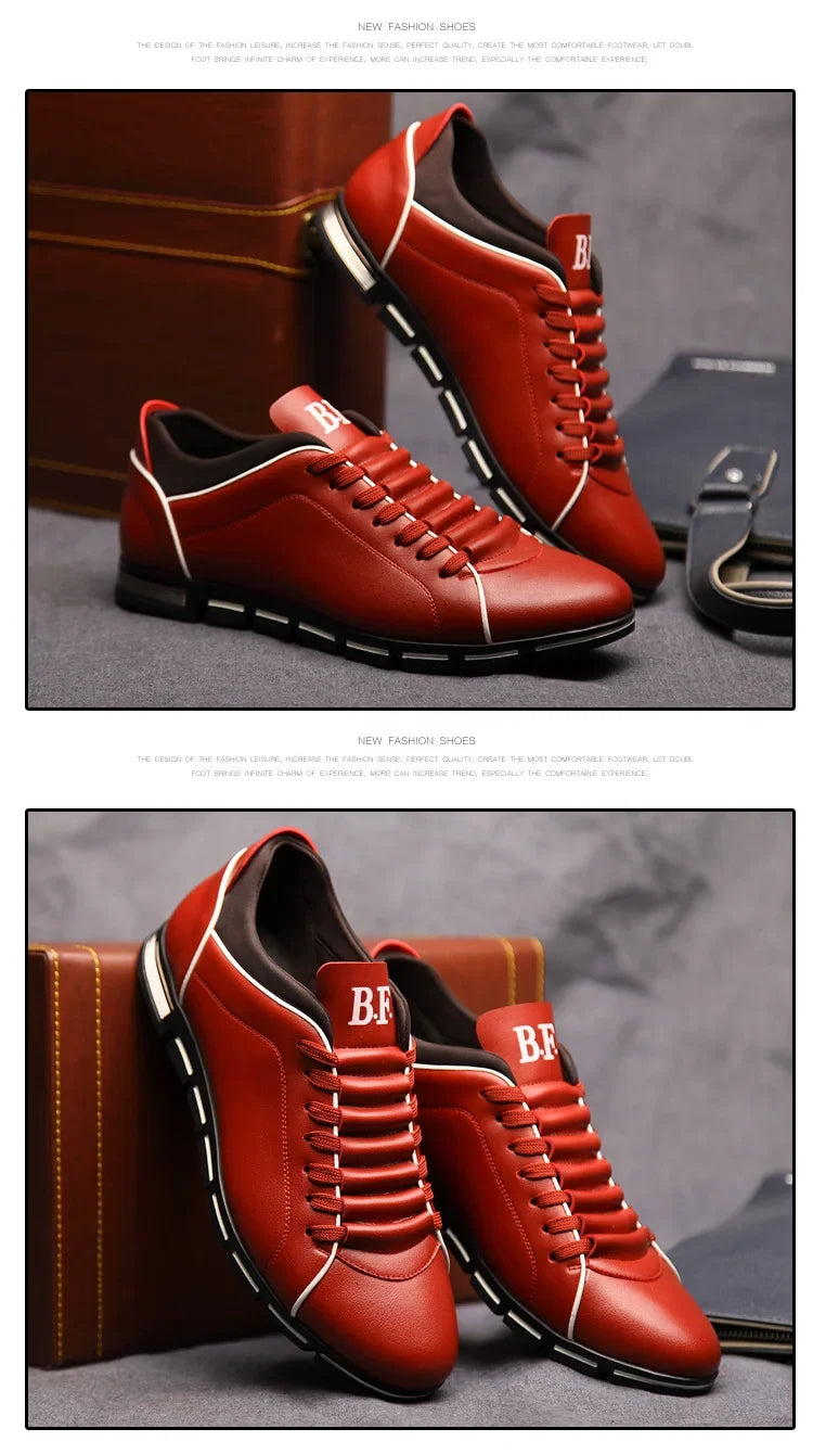 Red leather shoes with White soles on a Gray surface, with a Brown leather bag in the background.