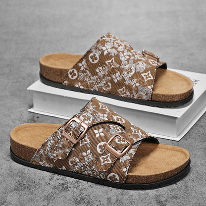 Men's Monogram Print Cork Sandals with Double Gold Buckles