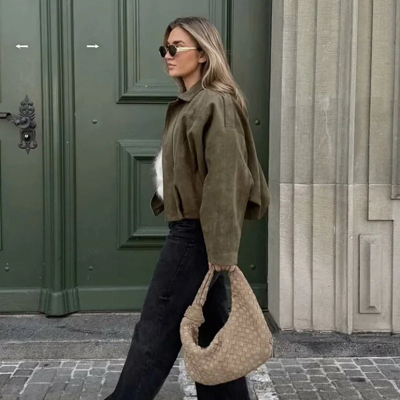 Women's Vintage Bomber Jacket – Loose Fit Long Sleeve Turn-Down Collar Coat