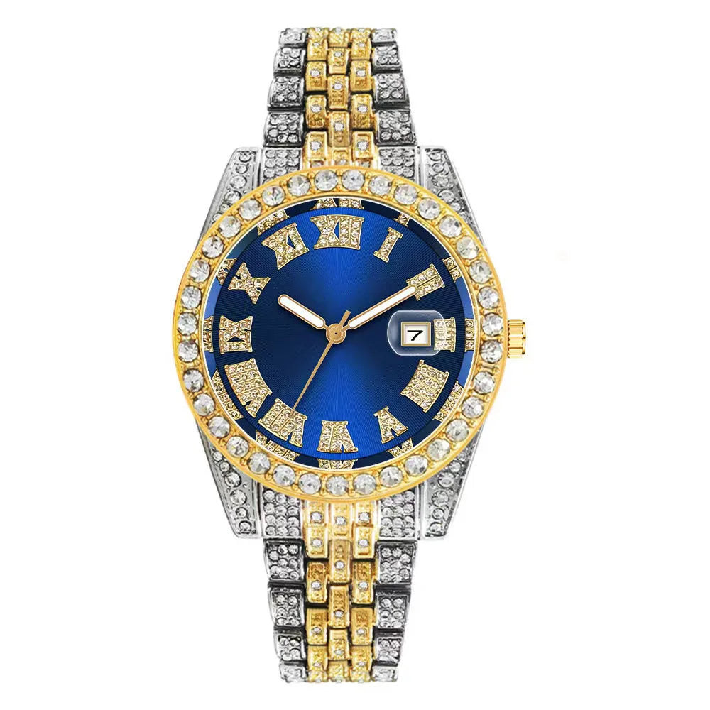 Iced Out Rhinestone Calendar Watch for Men — Gold & Silver Two-Tone