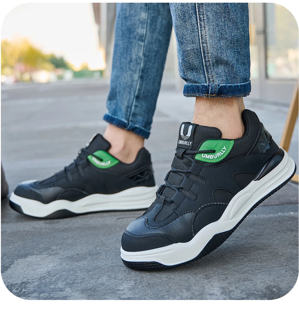 Black sneakers with Green accents worn by a person on a blurRed outdoor background