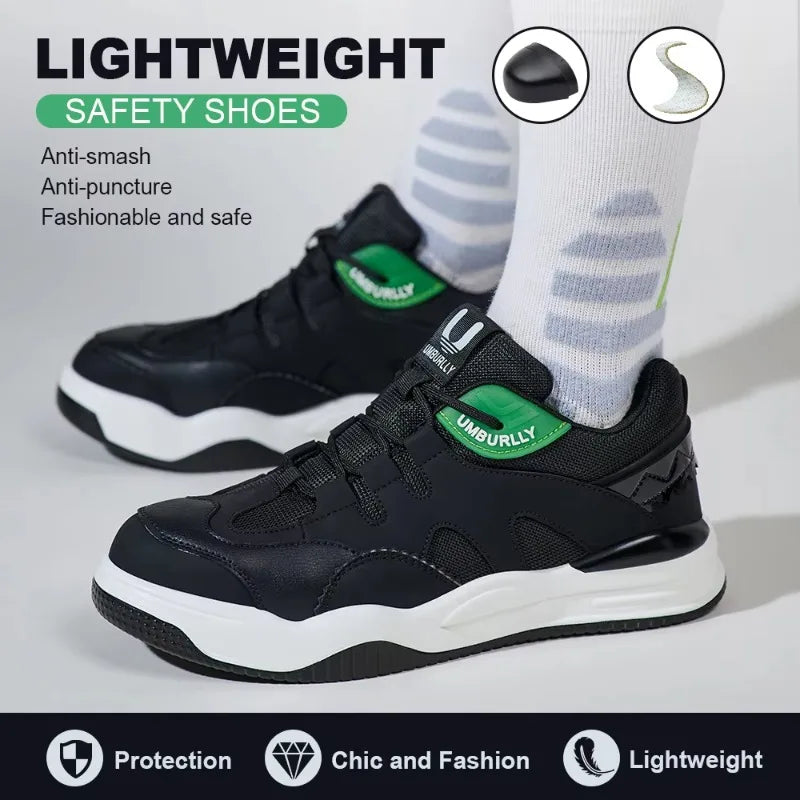 Black safety shoes with Green label worn by a person, on a light Gray background.