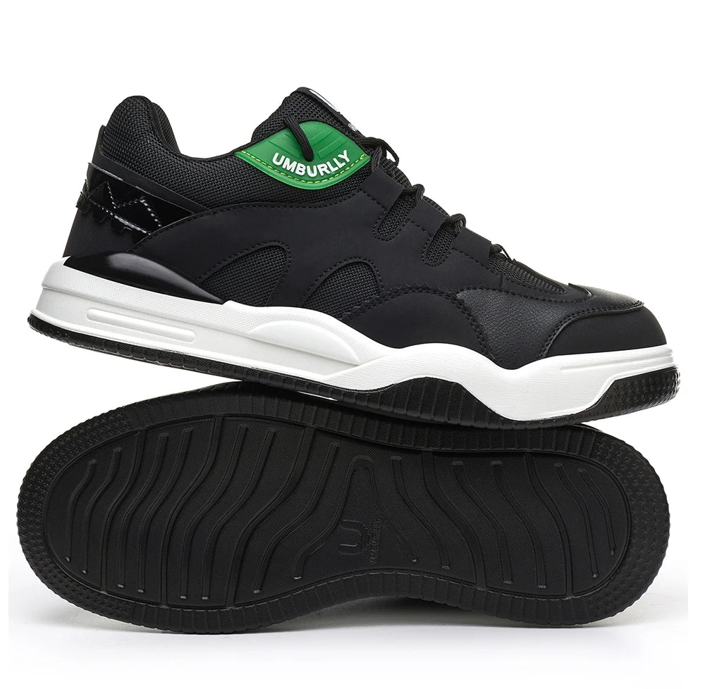 Black sneakers with White soles and Green label on a White background