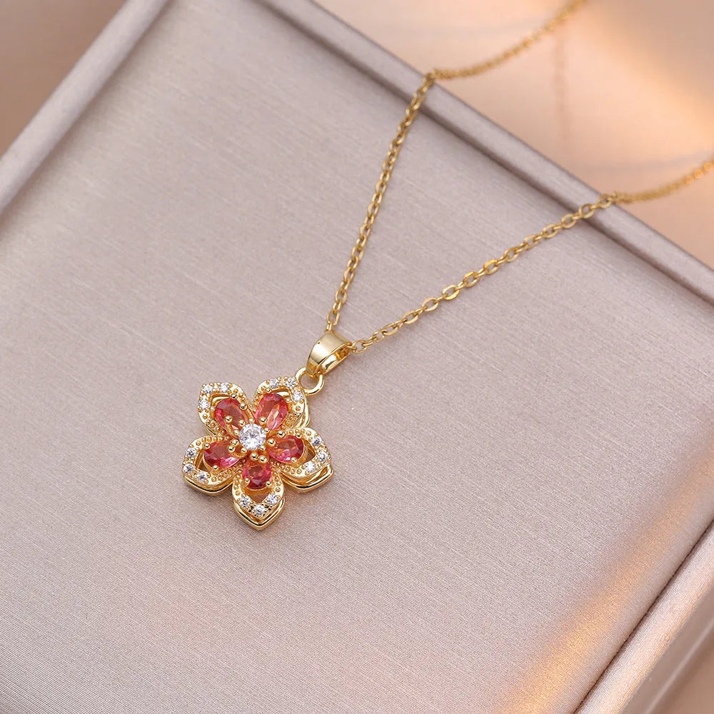 Women's Geometric Flower Copper Pendant Necklace – Trendy Wedding Chain Jewelry