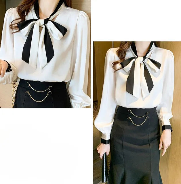 Women's Elegant Bow Blouse – Chic Office & Casual Long Sleeve Top
